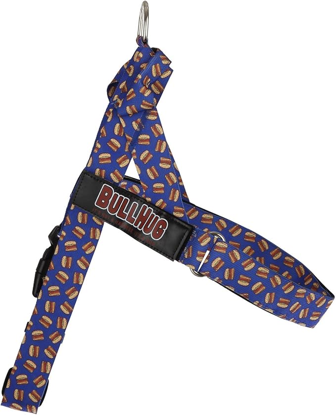 BULLHUG Adjustable Dog Harness– No Pull, No Choke – for English Bulldogs, French Bulldogs, Pugs & Broad-Chested Breeds – Easy, Safe Walks (Blue Burger, XS)