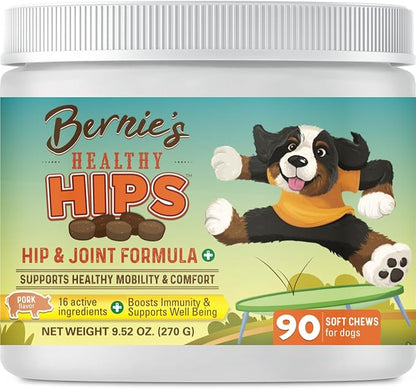 Bernie's Healthy Hips - Daily Dog Hip & Joint Supplement - 90 Soft Chews - Reduce Pain, Encourage Mobility, Slow Damage, Repair and Rebuild Hips & Joint Tissues