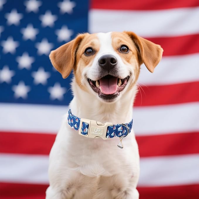 UP URARA PUP USA Flag Dog Collar, 4th of July Comfortable Cotton Dog Collars, American Flag Collar for Medium Girl Boy Dogs, Patriotic Collars with Sailboats Pattern
