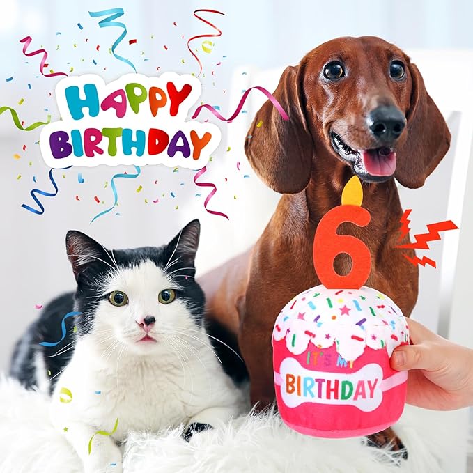 Dog Birthday Cake Toy Accessories for Girl Boy Gifts, Squeaky Plush Toy for Dog Birthday Party Decor Favor for Large, Medium and Small Dogs(6th,Pink)