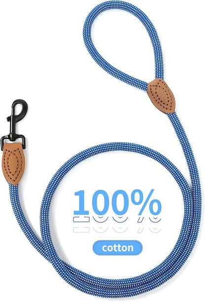 Mile High Life Rope Leash with Genuine Leather Connection, 6 FT/5 FT/4 FT, Heavy Duty Leash for Medium & Large Dogs (Blue White, 48 Inch)