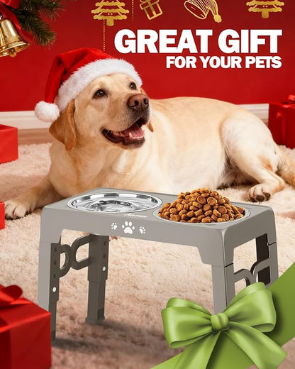 Elevated Dog Bowls, Dog Feeder with 1*Stainless Steel Dishes & 1*Slow Feeder Bowl, 5 Heights Adjustable Raised Stand for Medium Large, Food Dishes with Non-Slip Feet