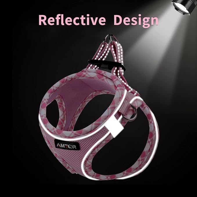 AMTOR Small Dog Harness with Leash Set, No Escape Easy Walk Puppy Harnesses for Training Walking, Step-in Reflective Soft Dogs Vest for XS S Medium Extra-Small Large Sized Dog(S Size,Pink/White)