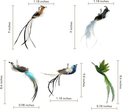 CUTIE PAW PAL Deluxe Bird Replacement Heads for Cat Toys - Set of 5 - Realistic Feather Designs Including Blue Floral, Two-Tone, Traditional, Black & White, Green Hummingbird - Easy Clip-On