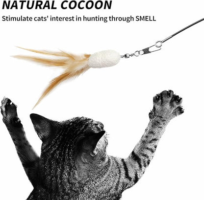 uahpet Natural Feather Cat Toys for Indoor Cats Retractable Kitten Wand 60inch Safe Hunting Distance Interactive Toys for Kittens