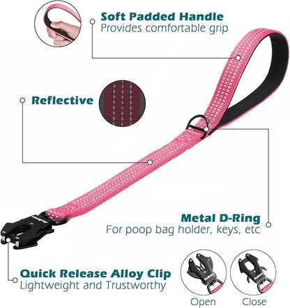 PetBonus Heavy Duty Short Dog Leash, 24 Inch Nylon Traffic Leash with Quick Release Clip, Comfortable Padded Handle, Reflective Training Lead for Medium Large Dogs (Pink, 24")