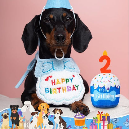 Dog Birthday Cake Toy Accessories for Girl Boy Gifts, Squeaky Plush Toy for Dog Birthday Party Decor Favor for Large, Medium and Small Dogs(2nd,Blue)