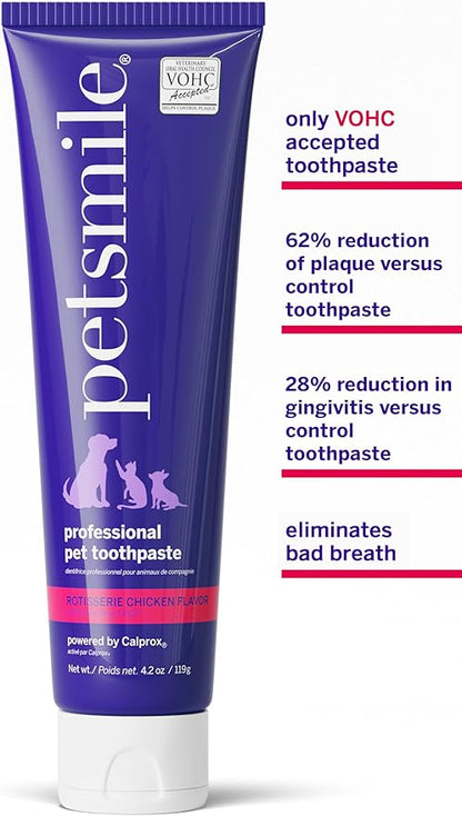 Petsmile Professional Pet Teeth Brushing Kit for Cats & Dogs - Only VOHC Accepted Toothpaste & Patented Toothbrush - Proven to Control Plaque & Tartar Calprox Formula (Rotisserie Chicken, 4.2 Oz)
