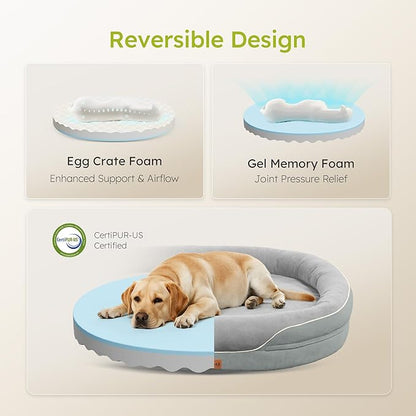 CWAWZ Jumbo Orthopedic Dog Bed, Big Dog Bed for Extra Large Sized Dogs with Full-Surround Bolsters, Dual-Sided Dog Cooling Bed with Memory Foam, Washable Pet Sofa Couch with Nonslip Bottom, Light Grey