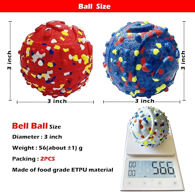 CAISHOW Dog Ball Squeak Toys (Bell Ball Blue and Red)