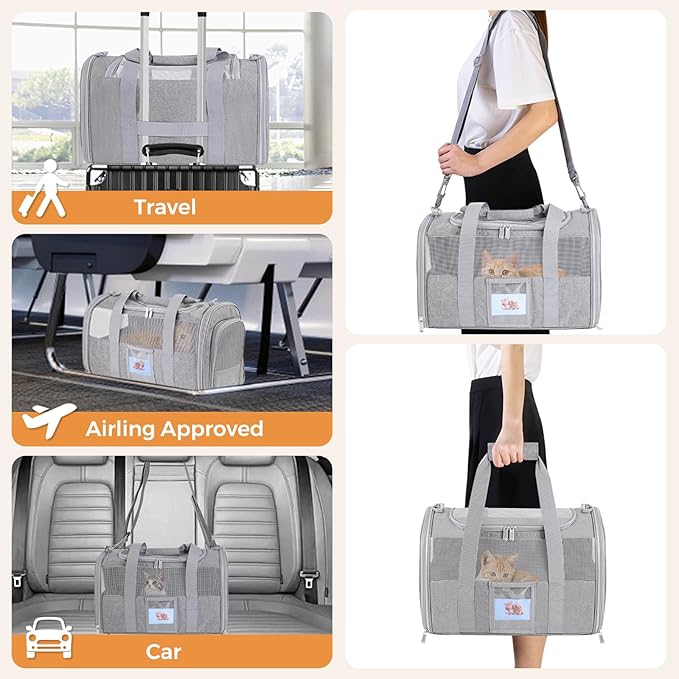 FOORLON Cat Carrier Soft for Pets Up to 25 Lbs, Cat Travel Bag with Padded Shoulder Strap and Detachable Cat Food Bowl, Pet Dog Carriers for Small Dogs Travel Puppy Carry Airline Approved, Grey