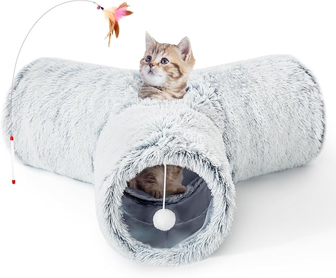 Tempcore Plush Cat Tunnel for Indoor Cats，Collapsible 3-Way Pet Tunnel Toy with Peek Holes for Cats, Kittens, Rabbits, Light Grey