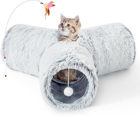 Tempcore Plush Cat Tunnel for Indoor Cats，Collapsible 3-Way Pet Tunnel Toy with Peek Holes for Cats, Kittens, Rabbits, Light Grey