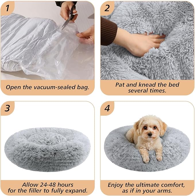JOLLYVOGUE Small Dog & Cat Beds for Indoor Cats - 20 inches Calming Donut Dog Bed for Kittens & Puppies, Washable Round Fluffy Plush Faux Fur Pet Beds (Smoke Grey)