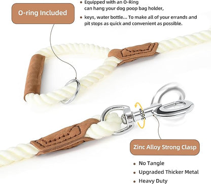 Mile High Life Dog Leash, Braided Cotton Rope Leashes with Leather Handle - Heavy Duty Metal Clasp, 6FT, 1/2" Thick - Wedding, Walking & Training Leash for Small Medium Large Dogs (White)