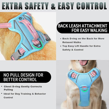 BARKBAY No Pull Dog Harness Large Reflective Dog Harness with Front Clip and Easy Control Handle for Walking Training Running with ID tag Pocket(Baby Blue & Baby Pink,M)