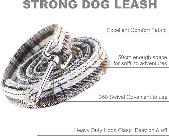 Yizepet Dog Collar and Leash Set-Plaid Puppy Collar with Bow Tie - Adjustable pet Collar for Dogs with Bell, Stylish Pattern for Small Medium or Large Boy and Girl Dog