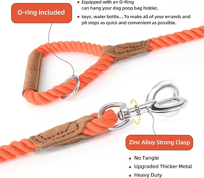 Mile High Life Dog Leash, Braided Cotton Rope Leashes with Leather Handle - Heavy Duty Metal Clasp, 4FT, 1/2" Thick - Wedding, Walking & Training Leash for Small Medium Large Dogs (Orangeade)