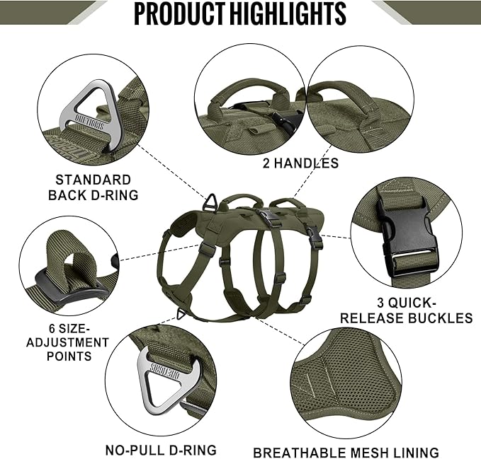 OneTigris Escape Proof Dog Harness, No Pull Dog Harness with Handles, Tactical Multi-Use Support Dogs Harnes for Large Dogs Everyday Wear Walking Hiking Training (Green, X-Large)