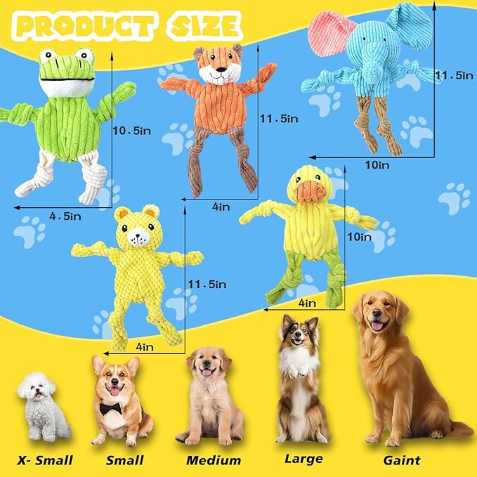 MRSOHRET 5 Pack Squeaky Dog Toys, No Stuffing Plush Dog Chew Toy Puppy Teething Toys to Keep Them Busy, Chewer Tough Durable Crinkle Interactive Dogs Toy Bundle for Small Medium Large Dogs