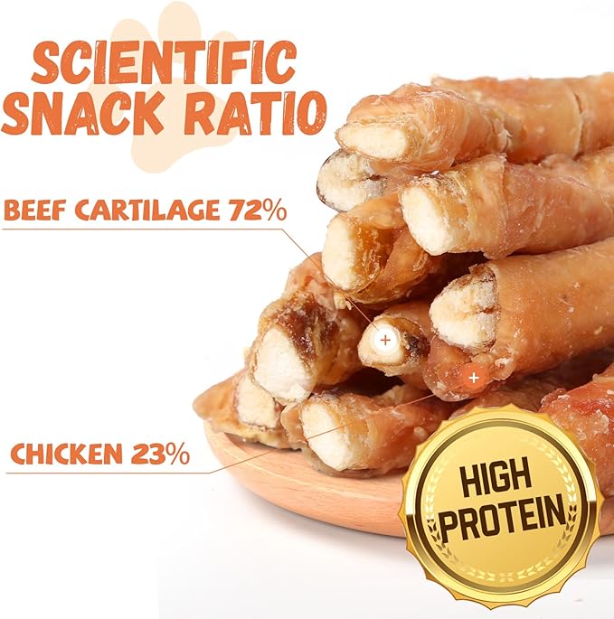 Pawmate Dog Treats Chicken Wrapped Beef Cartilage w/Calcium Supplement, Rawhide Free Dog Chews Long Lasting, Grain Free Healthy Training Treats Snacks for Small Medium Large Dogs, 12 Counts, 10.6 oz