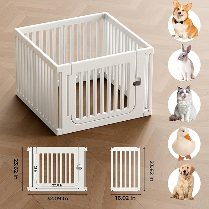 Jatindear 23.6“ H Plastic Dog Playpen, 7 Panels Expandable & Durable Pet Fence - Indoor & Outdoor Portable with Secure Locking Door, Durable Safety Play Pen with Puppy, Cat, Small Animal(White)