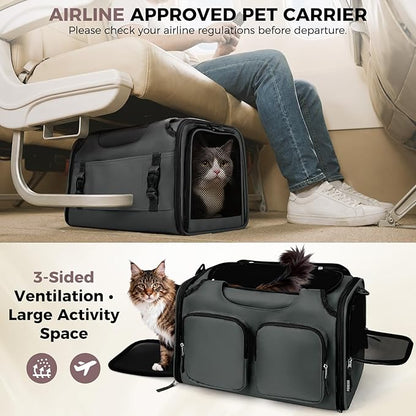 Dog, Cat Carrier for Pets Up to 15 Lbs, Airline Approved Collapsible Soft-Sided Pet Travel Bag with Locking Zippers, Breathable Mesh and 4 Large Pockets, Removable Fleece Pad (Dark Grey)