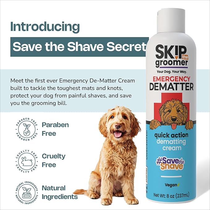 Skip The Groomer Emergency Dematter for Dogs, Quick Action Dematting Cream Dissolves Severe Mats & Knots, Reduces Pain & Breakage, Plant-Based Vegan Formula for All Coat Types, 8 oz