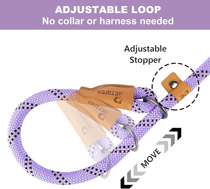 5 FT Slip Lead Dog Leash, Heavy Duty Rope Leash for Small Medium Large Dogs, No Pull Training Lead with Reflective Thread, Strong Comfortable Loop Leash (Lavender Stripe, Medium(3/8"))