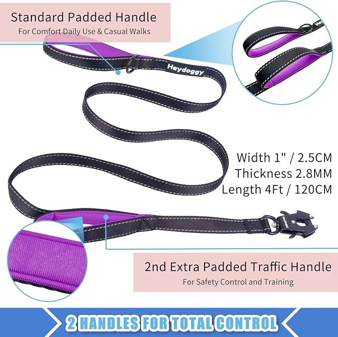 Strong Heavy Duty Dog Leash - 4ft Reflective Nylon Training Leash with Soft Padded Double Handle & Auto Lock Frog Clip - Safety Traffic Control for Large Medium Small Dog No Pull Walk Black Purple,4ft