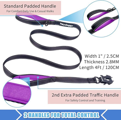 Strong Heavy Duty Dog Leash - 4ft Reflective Nylon Training Leash with Soft Padded Double Handle & Auto Lock Frog Clip - Safety Traffic Control for Large Medium Small Dog No Pull Walk Black Purple,4ft