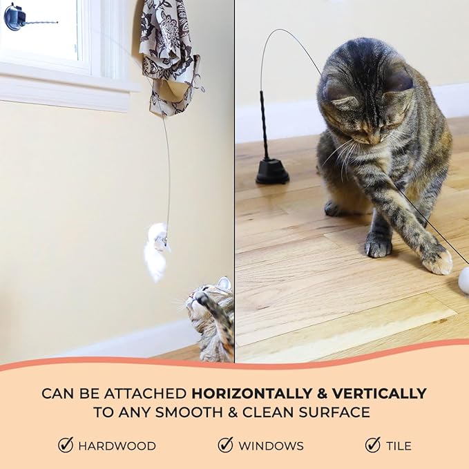 Whiskertons Interactive Bird Simulation Cat Toy Set, Interactive Cat Toys for Indoor Cats, Cat Feather Toy, Self-Holding Suction Base, 5 Replacement Birds, Feathers & Bells (Standard Hybrid Bundle)