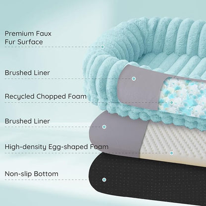 ChiXnuggle Human Dog Bed for Adult - Luxury Striped Faux Fur Giant Dog Bed with Portable Handle, Egg Orthopedic Foam Pad with Thick Blanket, 72"x40"x10", Blue