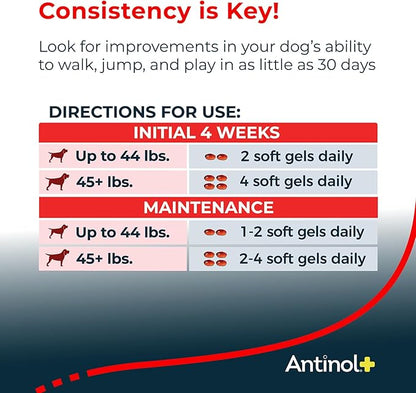 Antinol Plus, Mobility, Hip, and Joint Supplement for Dogs, Green-Lipped Mussels and Krill Oil - Dog Joint Supplement, Better and Faster Than Glucosamine and Chondroitin, 120 Soft Gels