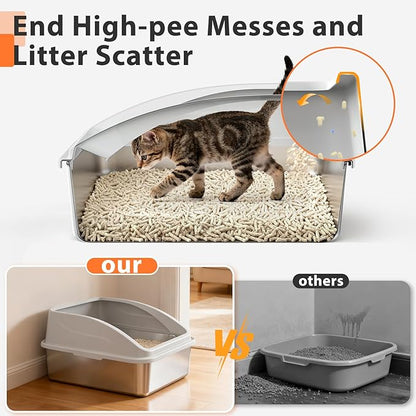 Stainless Steel Litter Box | Metal Kitty Litter Box with Lid High Sided for Small Cats or Injured Cats, Bunny Litter Boxes, Low Entry, Odor-Free, Non-Stick,Includes Scoop