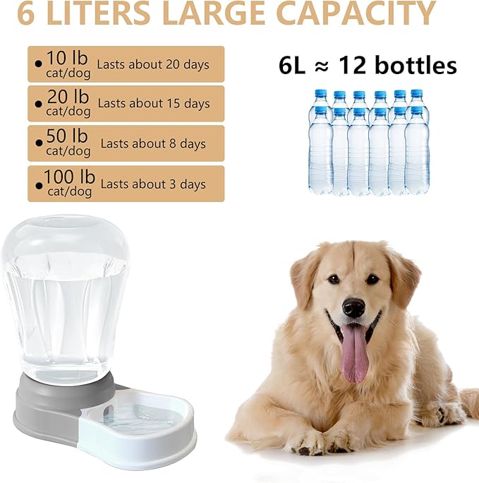 STALTWO 1.58 Gallon Automatic Dog Water Bowl Dispenser, Large Capacity Water Feeder for Cats and Dogs, BPA-Free, 1.58 Gallon Grey