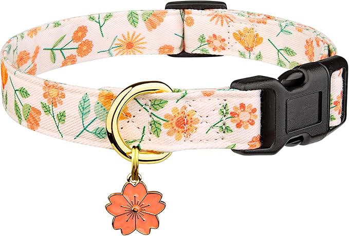 Cotton Handmade Dog Collar Cute and Distinctive Patterns Pink Sunflower with Pendant for Girl Boy Dogs Collars M