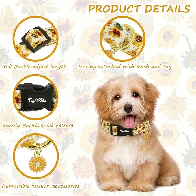 Dog Collar with Sunflower Patterns, Spring Summer Collection Yellow Dog Collar with Exquisite Pendant, Durable Adjustable Collars for Gifts & Daily Use-S
