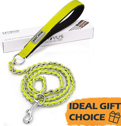 Chain Dog Leash Chew Proof Metal Leash for Medium Large Dogs, Chain Link Anti Chew 4FT Strong Anti Bite Comfortable Soft Padded Handle Yellow 3.0