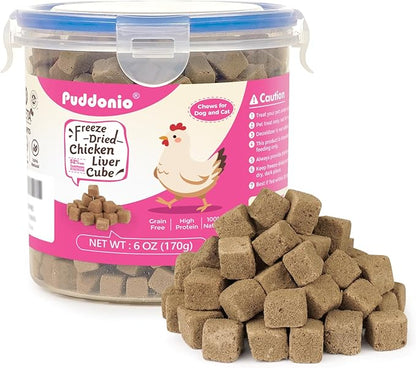 Puddonio Freeze Dried Cats & Dogs Raw Treats, All Natural Single Ingredient Chicken Liver, High Protein Healthy Pet Training Treats or Food Topper, 6 oz