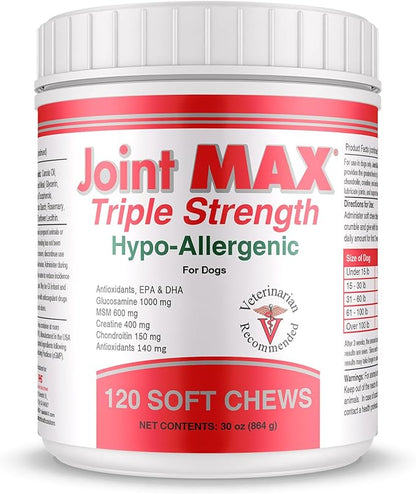 Joint MAX Triple Strength Hypo-Allergenic Soft Chews for Dogs - Hip and Joint Support Supplement with Glucosamine, Chondroitin, & MSM - Made in The USA - 120 Soft Chews