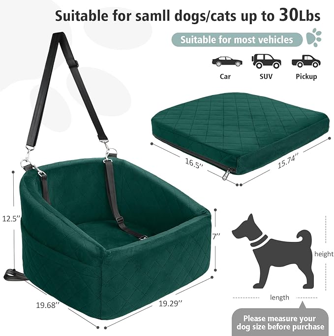 NEEZUKAR Dog Car Seat for Small Medium Dogs,Detachable Washable Dog Booster Seat Under 30lbs, Pet Car Seats Travel Bed with Storage Pockets and Safety Belt(Green)