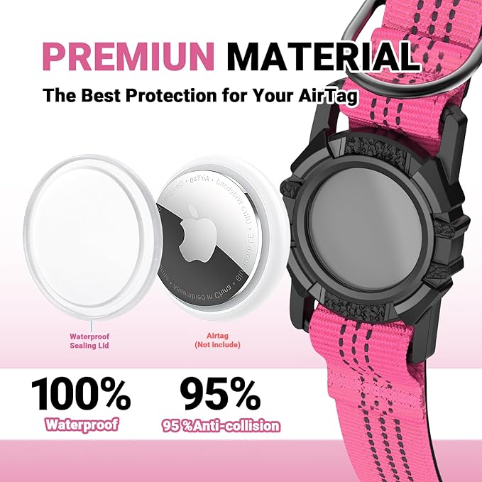 HDDTTZ AirTag Dog Collar and Leash, IP68 Waterproof Integrated with Reflective, Ultra-Durable, Comfortable Padded, Heavy Duty Dog Collars for Small Medium Large Dogs, L (14.8"-20.3"), Pink