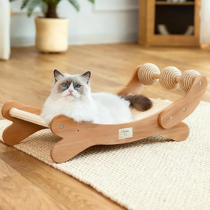 RizzQi Sisal Cat Scratcher Bed with 3 Toy Balls for Indoor Cats, Durable Wooden 3-in-1 Hammock Lounge & Scratch Pad - Modern Furniture for Large Cats, Scratching Post Lounger