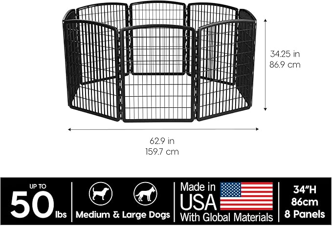 IRIS USA 34" 8-Panel Pet Dog Puppy Playpen, Indoor/Outdoor Dog Pen, 63 x 63 x 34, Foldable, Customizable, Black
