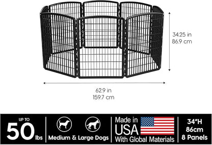 IRIS USA 34" 8-Panel Pet Dog Puppy Playpen, Indoor/Outdoor Dog Pen, 63 x 63 x 34, Foldable, Customizable, Black