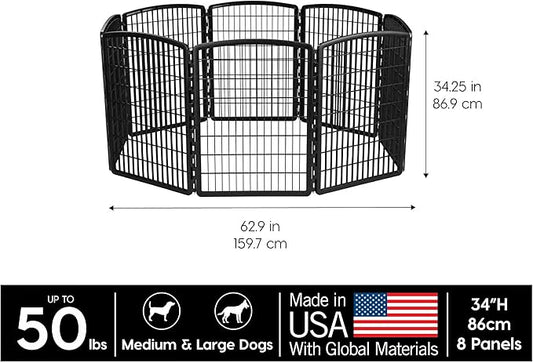 IRIS USA 34" 8-Panel Pet Dog Puppy Playpen, Indoor/Outdoor Dog Pen, 63 x 63 x 34, Foldable, Customizable, Black