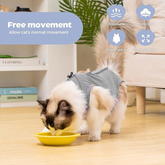 Avont Cat Recovery Suit Post-Surgery Onesie, Breathable Cone-of-Shame Alternative Bodysuit for Spayed Female Kittens, Skin Abdonminal Wound Care -Grey(M)