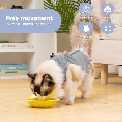 Avont Cat Recovery Suit Post-Surgery Onesie, Breathable Cone-of-Shame Alternative Bodysuit for Spayed Female Kittens, Skin Abdonminal Wound Care -Grey(L)