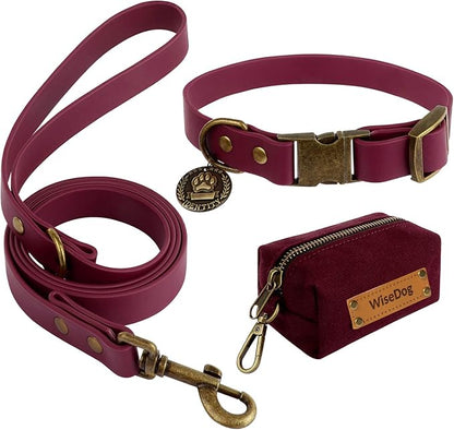 Wisedog Dog Collar and Leash Set, Waterproof Adjustable Puppy Collars with Cute Tag 6FT Dog Leash with Poop Bag for Small Medium Large Dogs (XL, Burgundy)